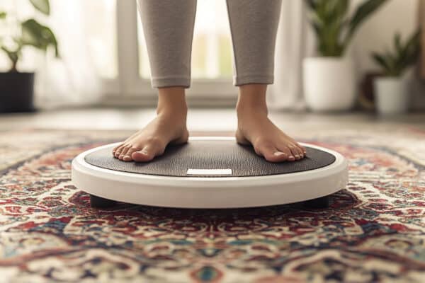 Woman standing on a whole-body vibration (WBV) plate