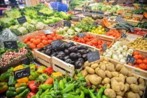 Fruits and vegetables in grocery store produce section