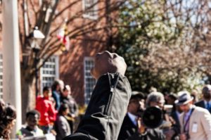 Person pumping fist in air