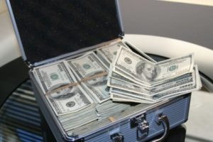 Box of cash with hundred dollar bills
