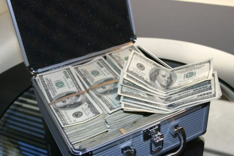 Box of cash with hundred dollar bills