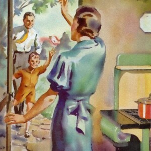 Retro-style painting of mid-20th century family