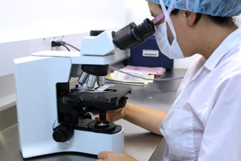 Researcher looking through microscope