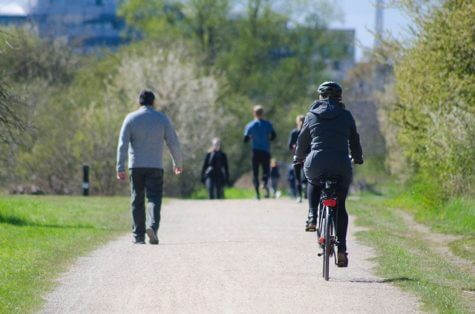 People walking, jogging, biking on trail