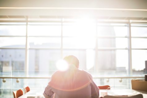 Office worker sitting at sunny desk