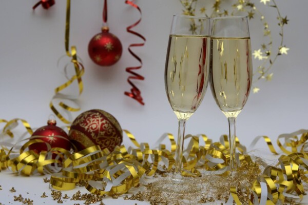 Champagne and holiday decorations