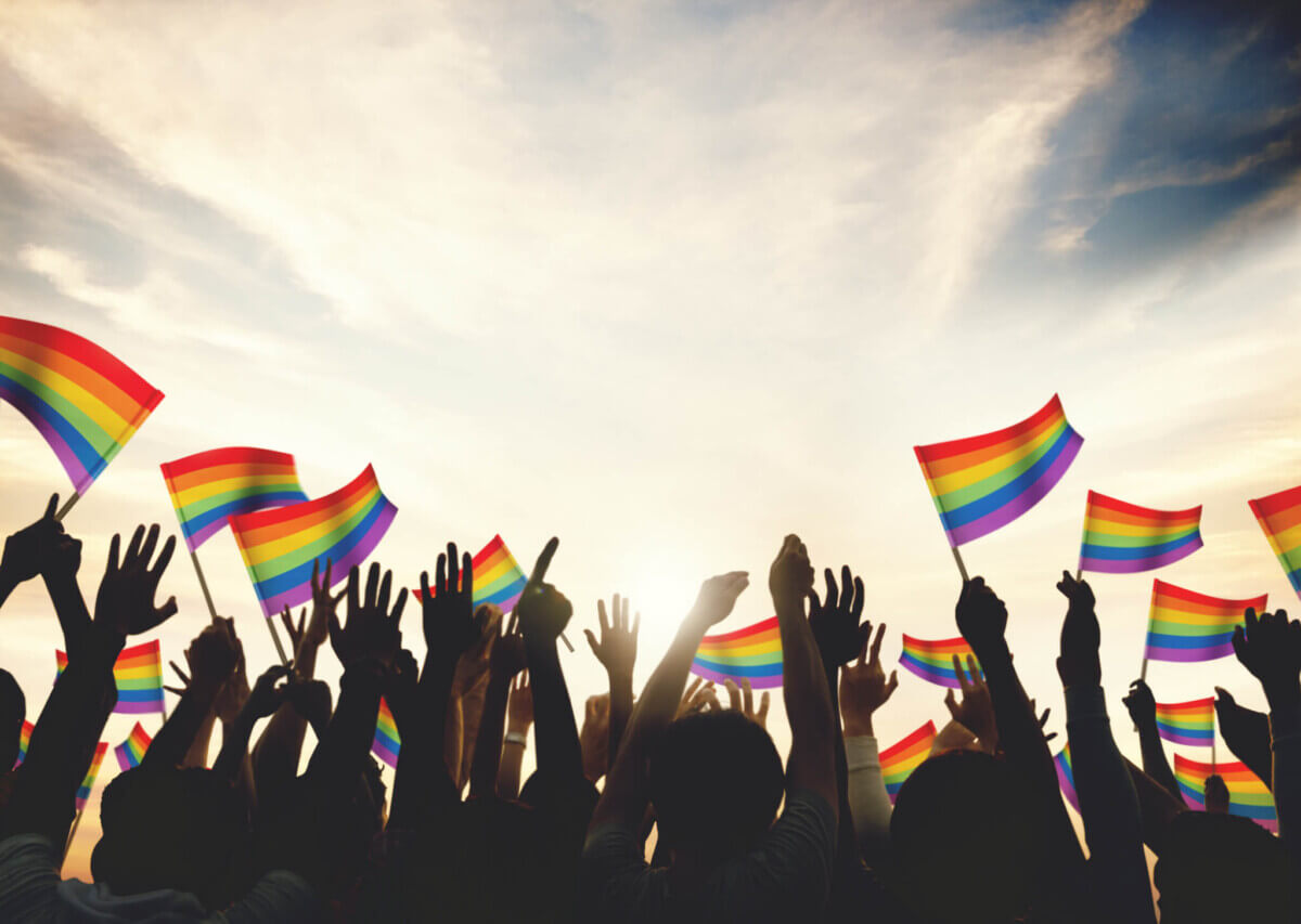 Rainbow Flag Crowd Celebration Arms Raised Concept