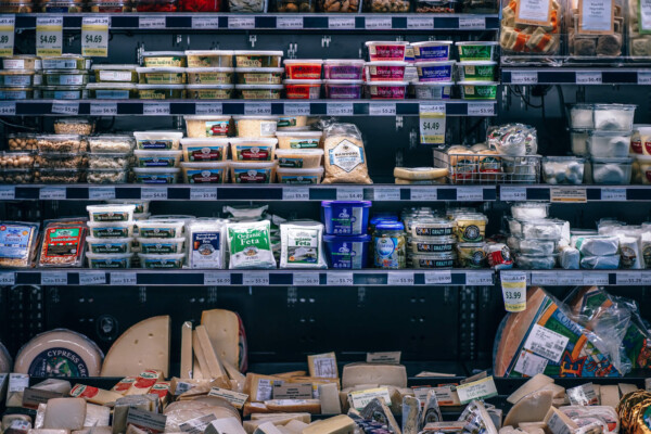 Refrigerated packaged goods at grocery store