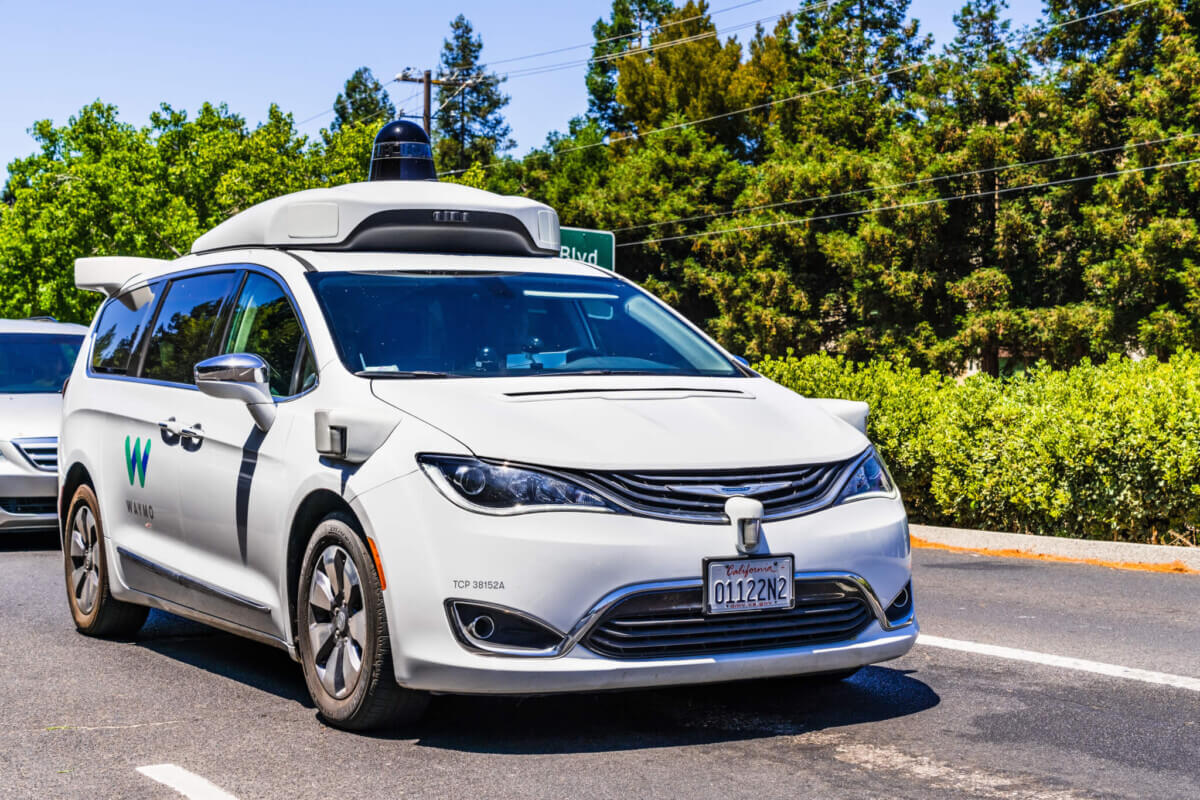 July 2, 2019 Mountain View / CA / USA – Waymo self driving car performing tests on a street near Google’s headquarters, Silicon Valley; Waymo, a subsidiary of Alphabet, is developing an autonomous car