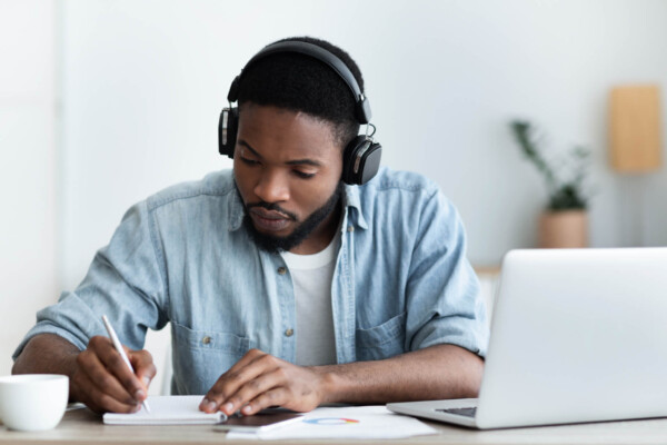 Man listening to music while working