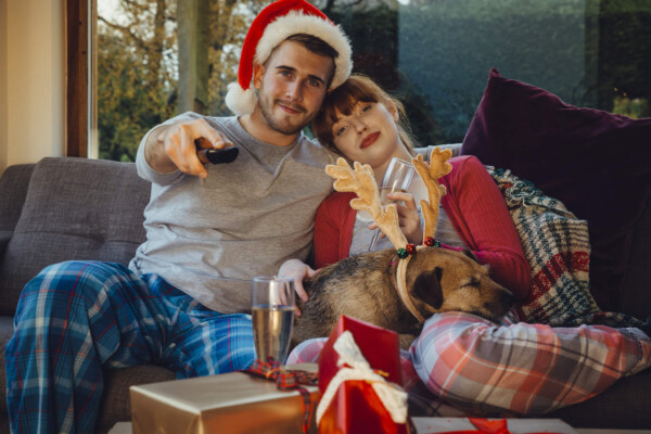 Couple watching holiday or Christmas movie