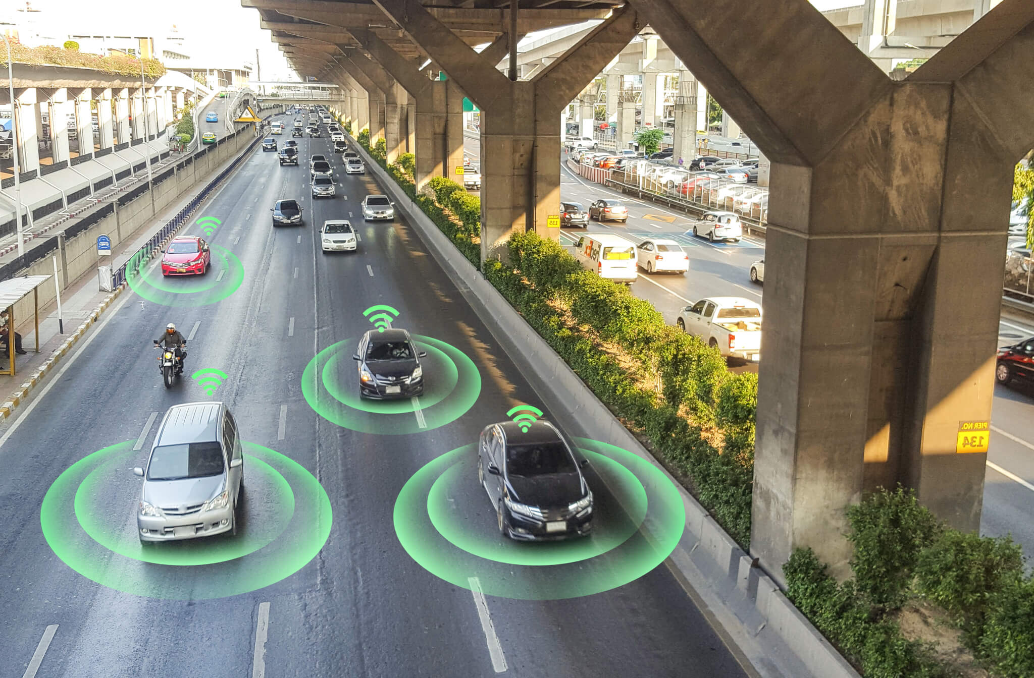 Smart car computer technology on highway