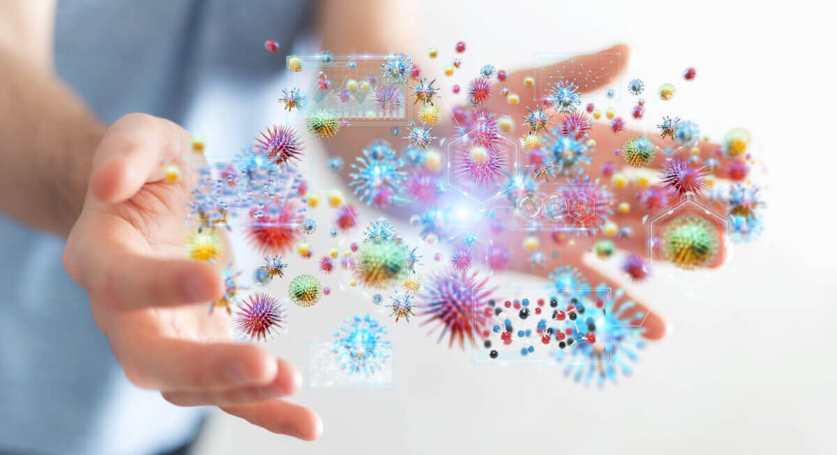 Person analyzing bacteria microscopic close-up 3D rendering