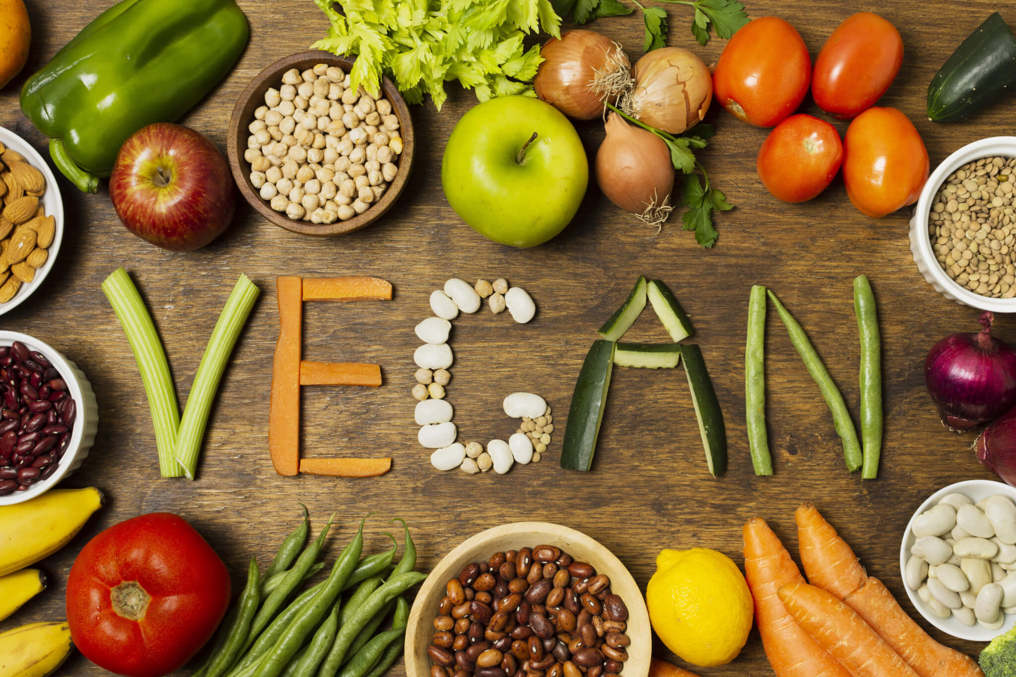 "Vegan" spelled out by vegetables