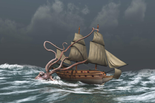 Giant squid or kraken attacking ship