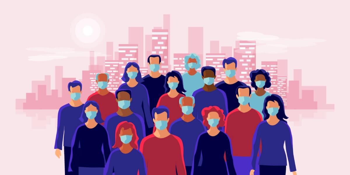 Image of people wearing masks during coronavirus / COVID-19 outbreak in front of skyline