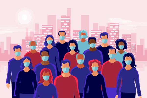 Image of people wearing masks during coronavirus / COVID-19 outbreak in front of skyline