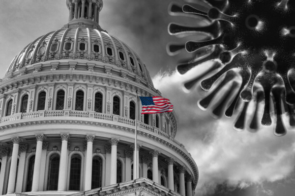 COVID-19 & Politics: US Capitol building with coronavirus cloud hovering over it