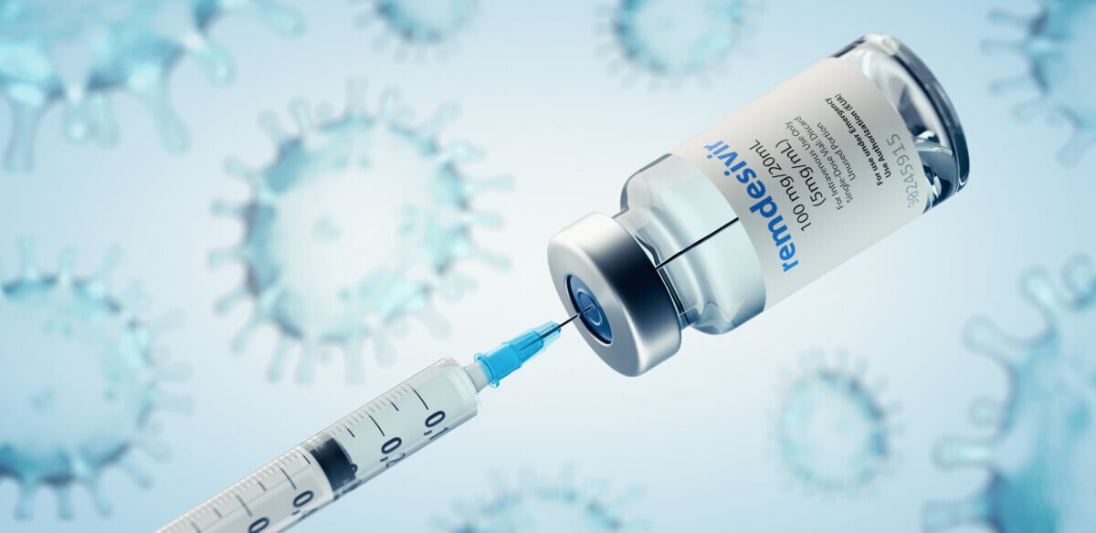Sofia, Bulgaria – June 28, 2020: Remdesivir on medical bottle and injection syringe. Medical Background. Conceptual image.