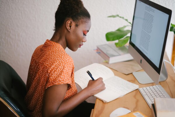 Woman working at her office desk