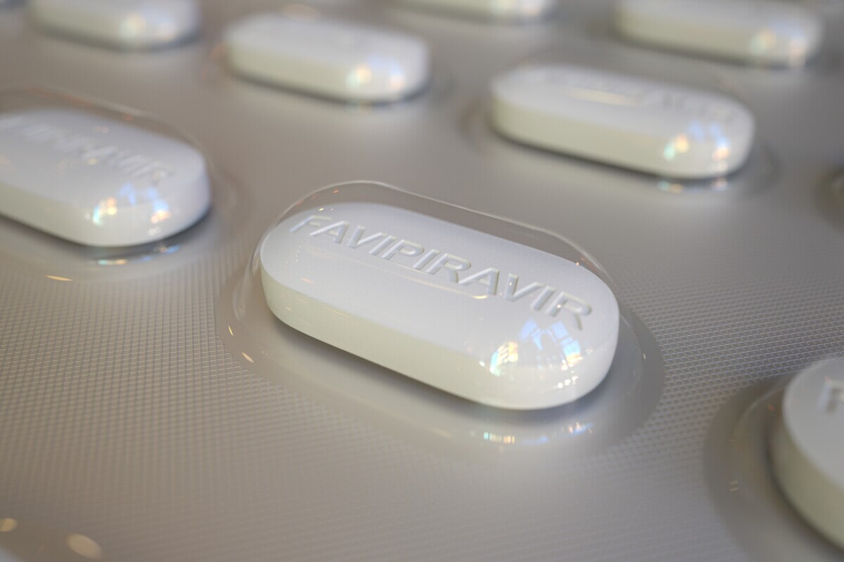 Favipiravir generic drug pills in blister pack, close-up 3D rendering