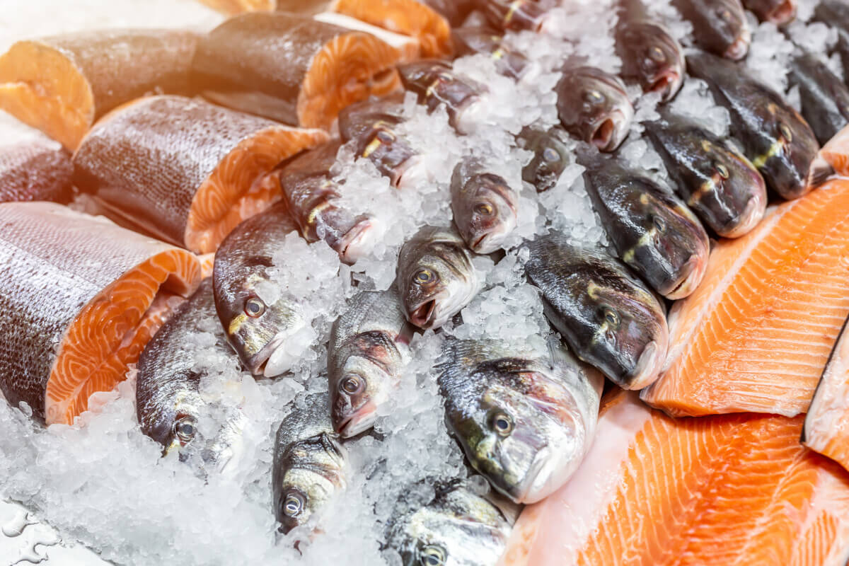 Fresh seafood on crushed ice at fish market. Raw dorado, seabass and salmon fillet on display counter at store. Fish filleting