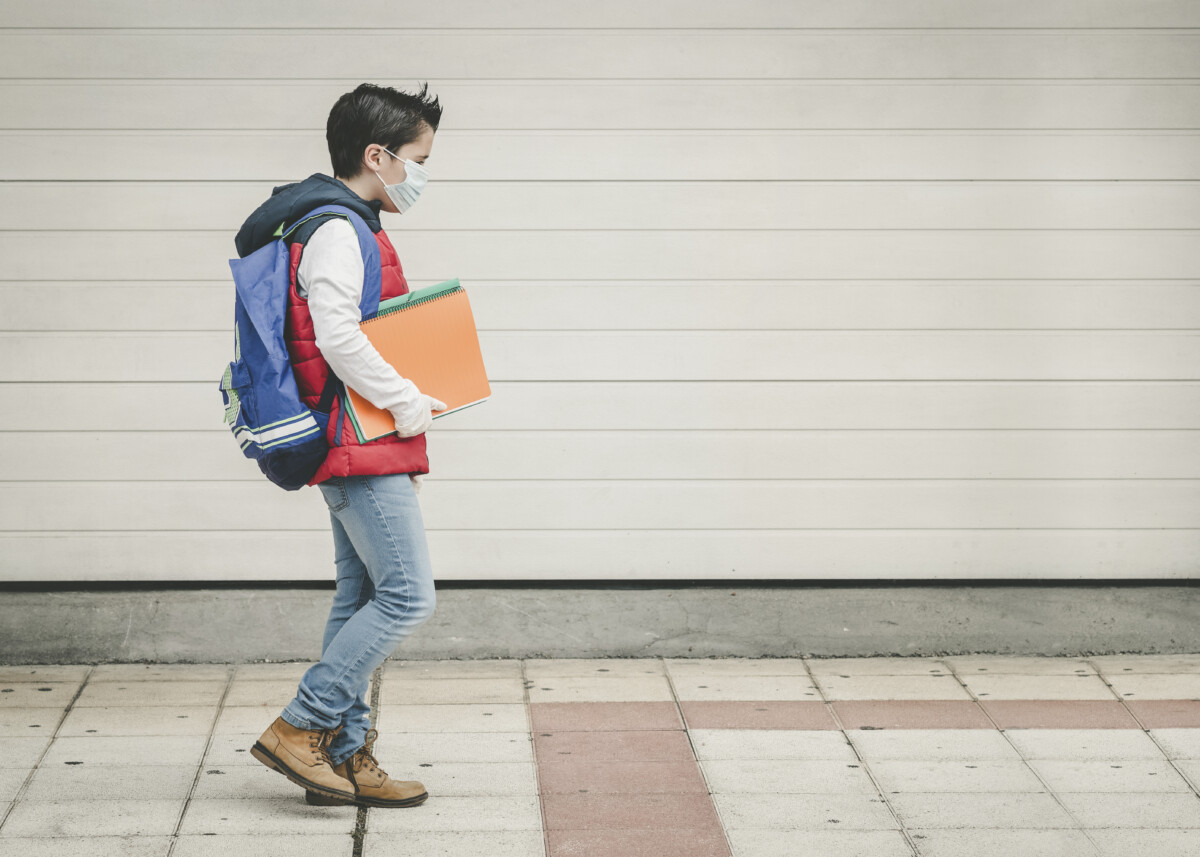 Covid-19: Boy with medical mask and backpack going to school