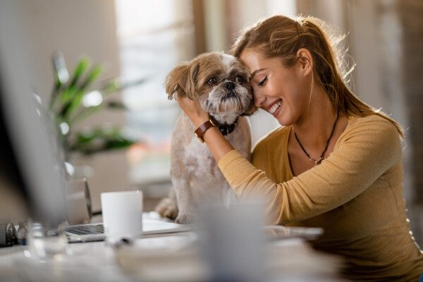 Woman hugging dog in office