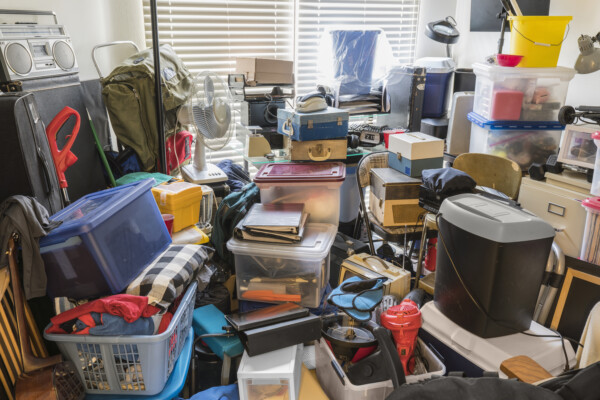Messy room, hoarder's collection of junk