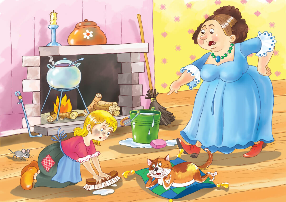 Cinderella. A fairy tale. A pretty kind girl and her angry stepmother. Illustration for children