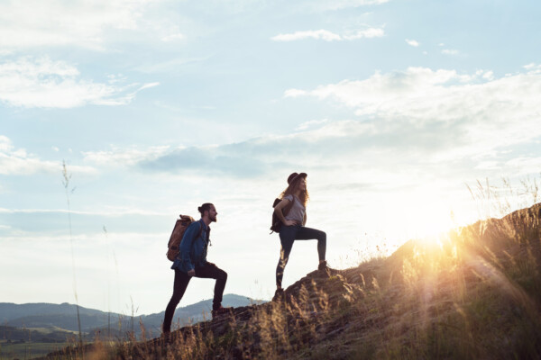 Couple hiking, beautiful view of nature