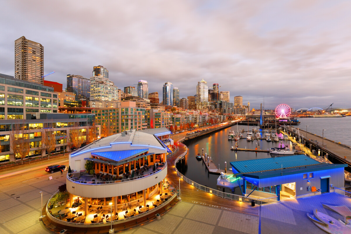Seattle Skyline Showing the waterfront of Seattle After Sunset. The Central Waterfront of Seattle, is the most urbanized portion of  Elliott Bay shore.