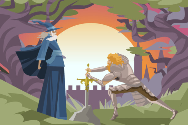 King Arthur and Merlin the Magician with Excalibur