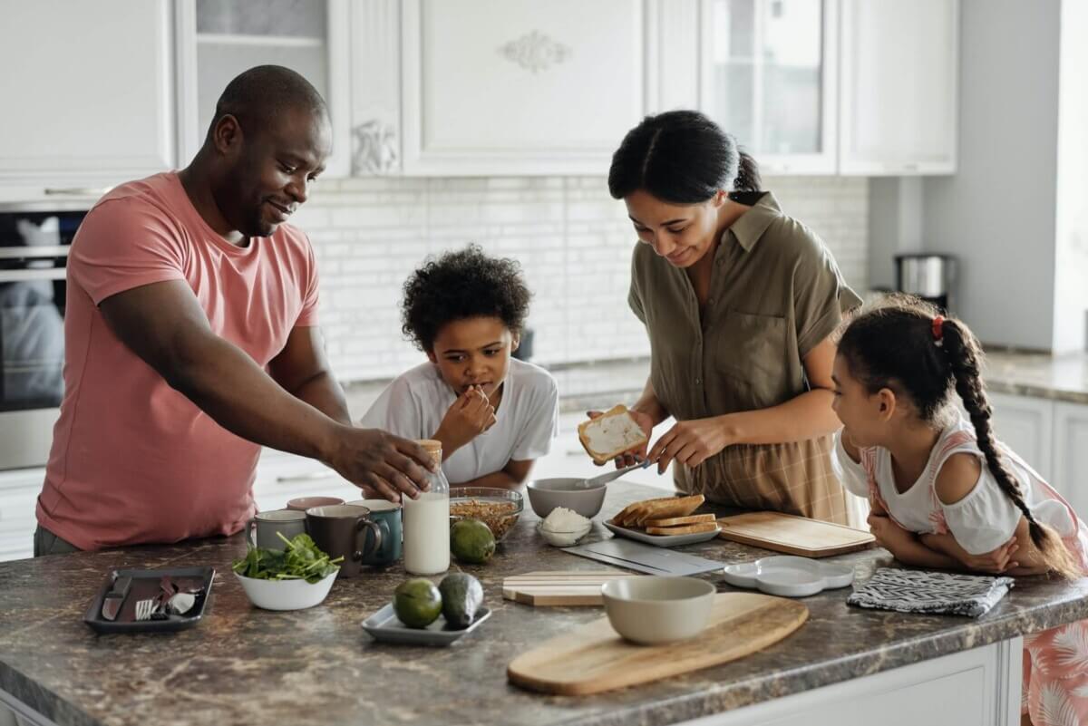 Family cooking and eating together