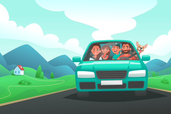 Parents driving in car with kids for family vacation