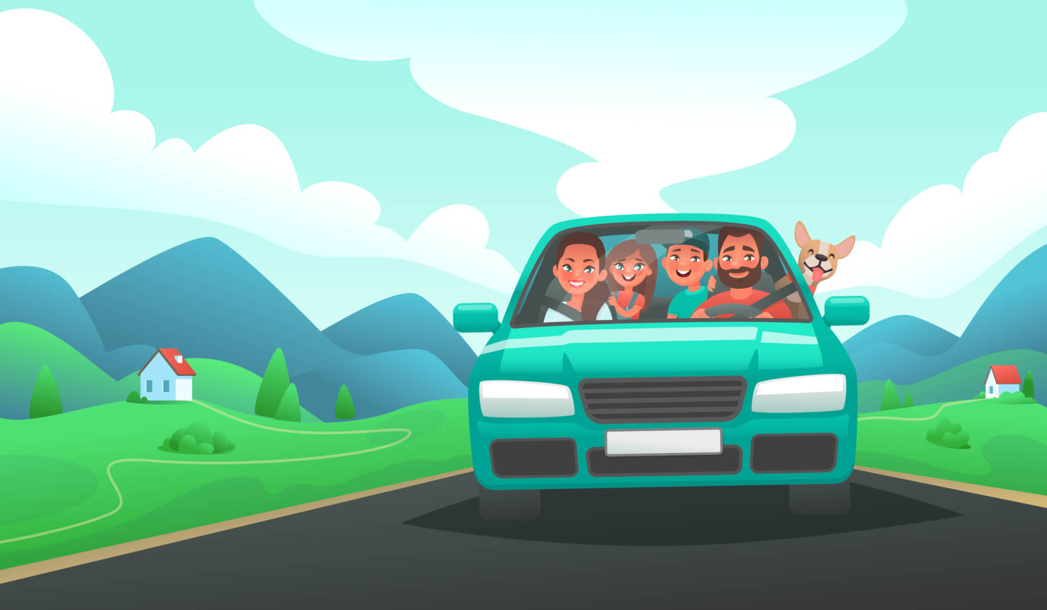 Parents driving in car with kids for family vacation