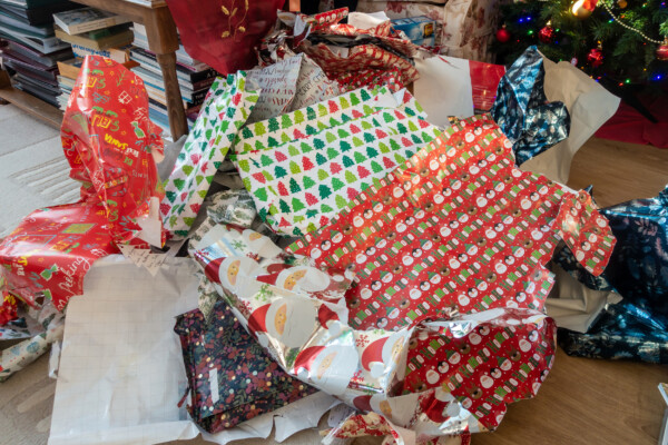 Holiday wrapping paper trash pile