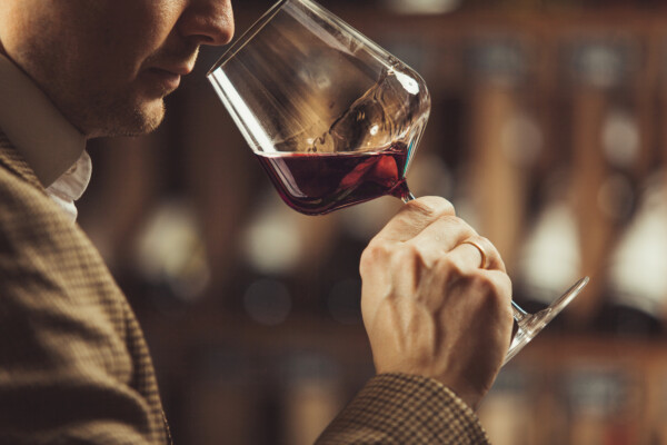 Close up of sommelier man sniffing wine in glass