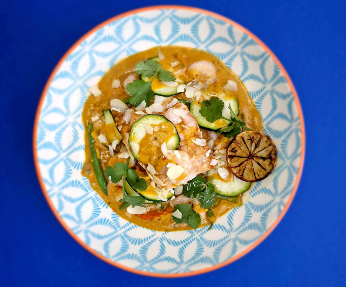 Salmon, prawn and almond curry.