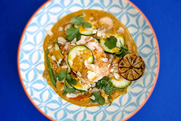 Salmon, prawn and almond curry.