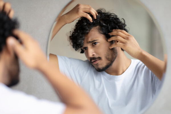 Man examining gray hair, hair loss in mirror