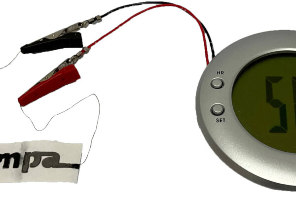Photograph of a stencil-printed two-cell paper battery