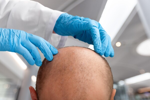 Baldness: Doctor looking at bald man's head