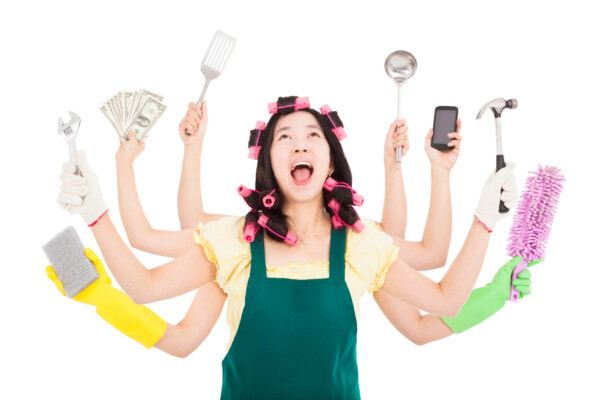 Tired and busy mom or parent with multitasking stress concept