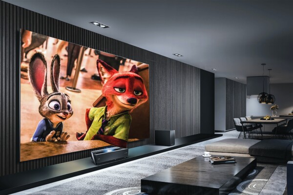 Big screen theater TV on wall