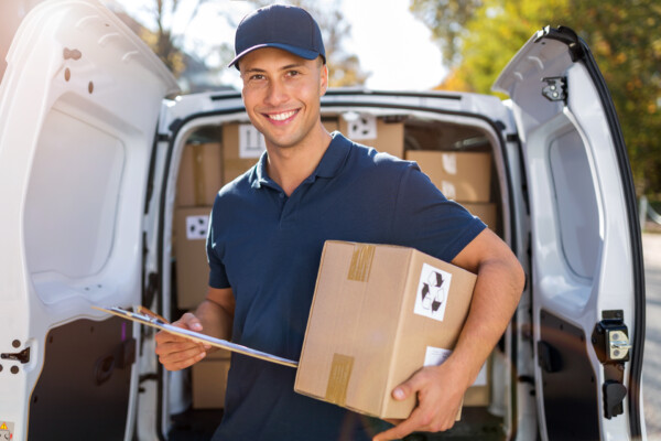 Delivery man standing in front of his van with packages