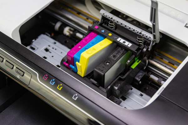 Ink cartridge inside an inkjet printer.