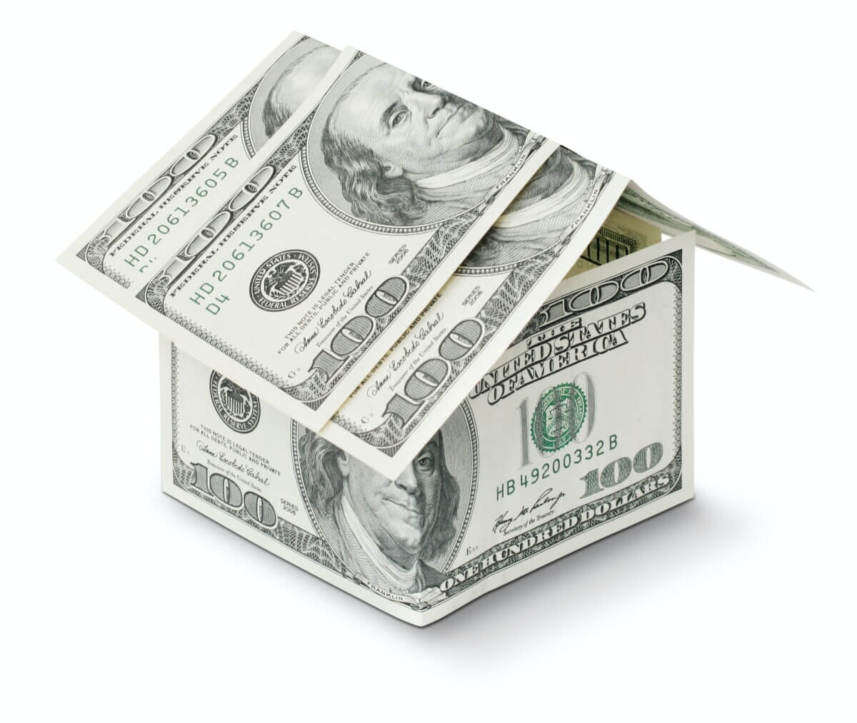 House made from $100 bills, symbolic of housing market.