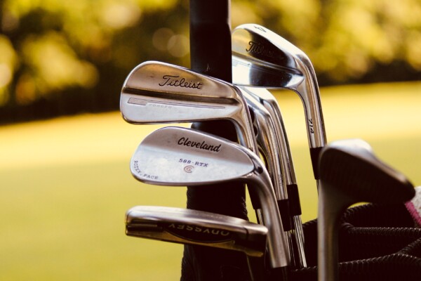 Set of golf clubs in a bag.