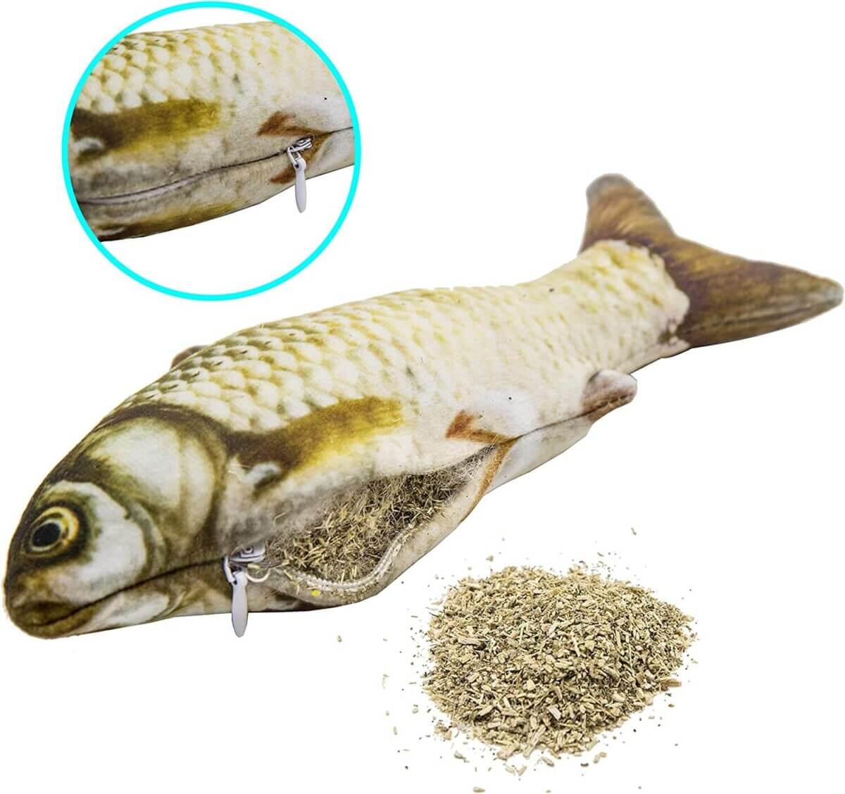 fish cat toy with zipper, catnip refillable